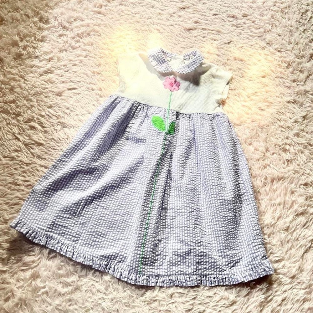 Vintage 70s Seersucker Collared Whimsical Cottage Core Embroidered Dress Girls 6